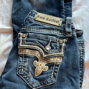 Rock Revival Dark Blue Jeans with Tan Embroidery
